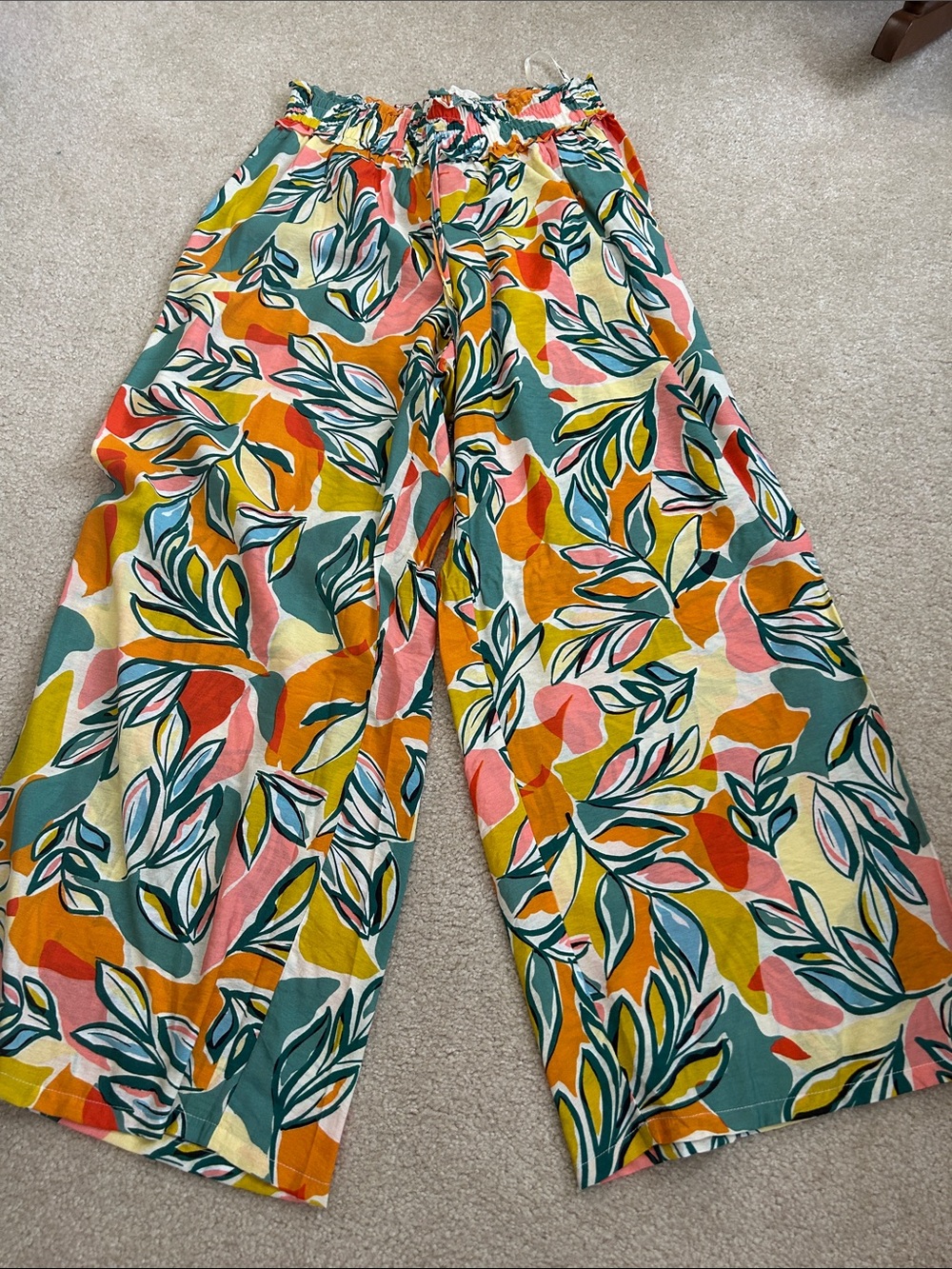 THML Wide-Leg Leaf Print Beach Pants- Multicolor